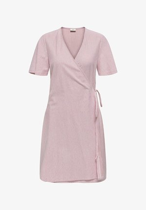 Prugasta obleka v roza in beli barvi. Ima kratke rokave, V-izrez, nastavljiv pas z vezalko in gladko teksturo tkanine.