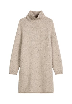Beigefarbenes gestricktes Kleid mit hohem Rollkragen, langen Ärmeln und einem strukturierten Muster. Weicher Stoff mit dezenten Sprenkeln.