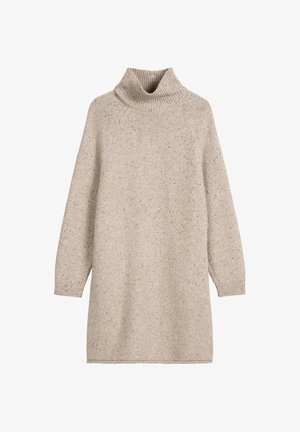 Robe en tricot beige avec col roulé haut, manches longues et motif texturé. Tissu doux avec des nuances subtiles tout au long.