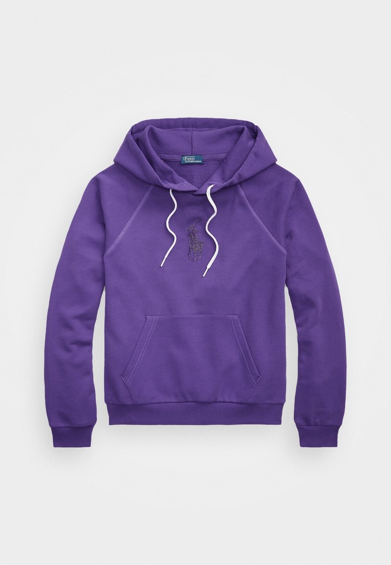 Sudadera con capucha morada con cordones blancos, bolsillo tipo canguro en la parte delantera y logo bordado de Polo Ralph Lauren centrado en el pecho.