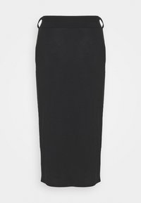 Jupe midi noire en tricot avec une texture côtelée, dotée de deux accents en boucle à la taille. Silhouette droite avec un ourlet qui tombe sous le genou.