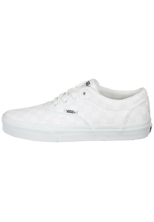 Valkoinen matala Vans-tennari, jossa on hienovarainen ruutukuvio, nauhakiinnitys ja kumipohja, kuvattuna ulkosivulta.