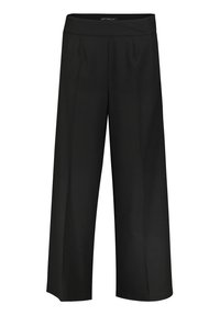 Pantalons larges noirs à taille plate, avec des plis précis, une texture lisse et une coupe décontractée. Adaptés à diverses occasions.