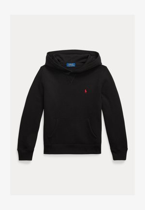 Sweat à capuche noir avec poche avant et petit logo rouge Polo Ralph Lauren sur la poitrine gauche.