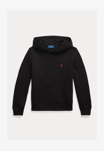 Schwarzer Kapuzenpullover mit Fronttasche und kleinem roten Polo Ralph Lauren-Logo auf der linken Brust.
