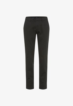 Pantaloni grigio scuro con design a gamba dritta, chiusura a bottone e passanti per cintura, realizzati in tessuto morbido con una leggera lucentezza.