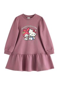Rosa sweatshirtklänning med lång ärm, flerdelad fåll, med tecknad grafik av två karaktärer på framsidan. Mjuk bomullsmaterial.