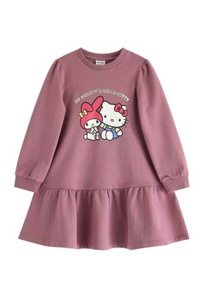 Abito felpa rosa con maniche lunghe, orlo a balze, caratterizzato da grafiche di cartoni animati di due personaggi sul davanti. Materiale in cotone morbido.
