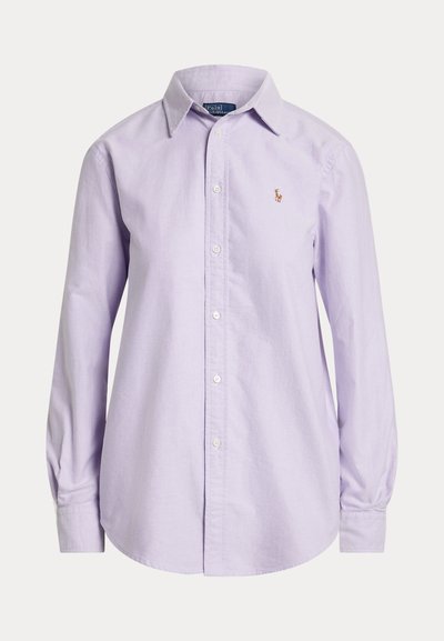 Light purple long-sleeve button-up shirt with a collar and small embroidered logo on the left chest.
