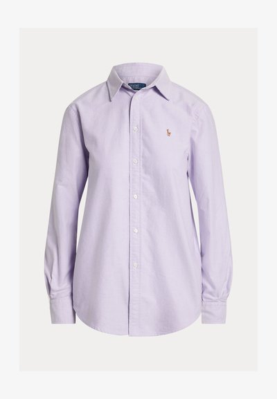 Light purple long-sleeve button-up shirt with a collar and small embroidered logo on the left chest.