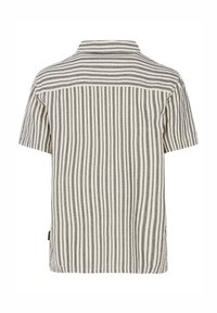Camisa de manga corta en color crema con rayas verticales negras, con un cuello clásico y un corte relajado, hecha de tejido ligero.