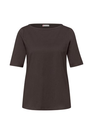 Ciemnobrązowa koszula z krótkim rękawem, z okrągłym dekoltem i regularnym krojem, wykonana z gładkiej tkaniny.