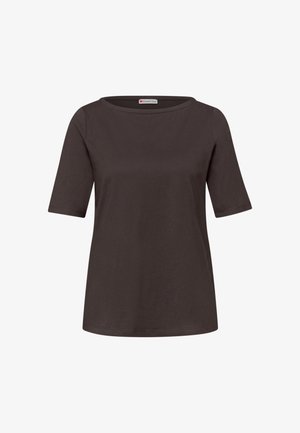 Tummanruskea lyhythihainen paita, jossa on pyöreä pääntie ja normaalimallinen istuvuus, valmistettu sileästä kankaasta.