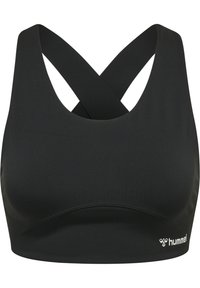 Svart sport-bh med racerback-design och korsat band, slät textur och en diskret logotyp i det nedersta hörnet.