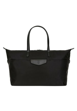 Zwarte nylon schoudertas met leren handvatten, een platte bodem en een voorzak met een logo-accent. Gladde textuur, minimalistisch ontwerp.