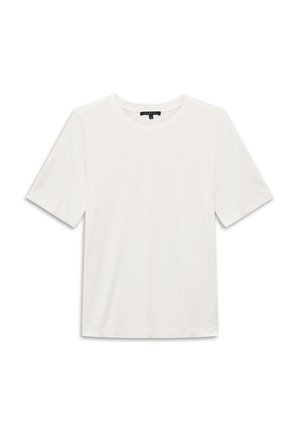 Schlichtes weißes T-Shirt mit kurzen Ärmeln und Rundhalsausschnitt, flach ausgelegt, zeigt die Vorderseite mit dezenter Logodetail nahe am Saum.