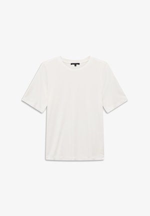 Schlichtes weißes T-Shirt mit kurzen Ärmeln und Rundhalsausschnitt, flach ausgelegt, zeigt die Vorderseite mit dezenter Logodetail nahe am Saum.