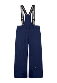 Marineblauwe sneeuwbroeken met verstelbare zwarte bretels met daarop een wit logo. Gemaakt van duurzaam materiaal met versterkte stiksels en zakken.