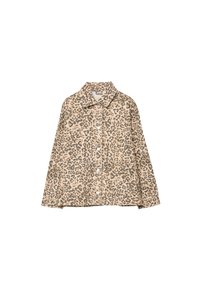 Giacca con stampa leopardata in tonalità beige e marrone. Presenta un colletto, bottoni a scatto e due tasche frontali. Realizzata in tessuto testurizzato.