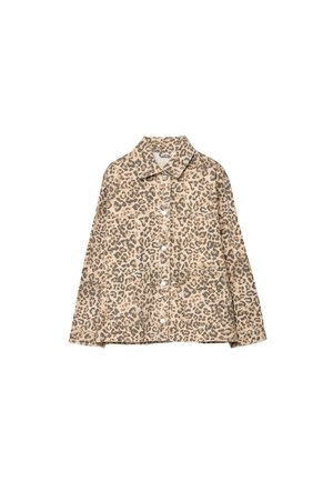 Leopardenmuster-Jacke in Beige- und Brauntönen. Mit Kragen, Druckknöpfen und zwei frontalen Taschen. Hergestellt aus strukturiertem Stoff.