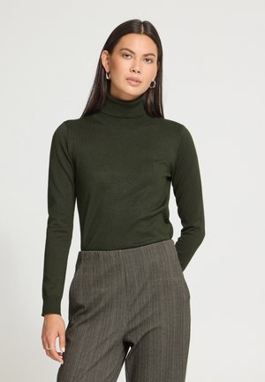 Femme aux longs cheveux foncés portant des boucles d'oreilles anneaux en argent, un pull à col roulé vert foncé et un pantalon gris à fines rayures, debout devant un fond uni.