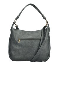Borsa a mano in pelle grigia con superficie testurizzata, una singola tracolla regolabile e una tasca con zip frontale. Presenta dettagli in metallo dorato.