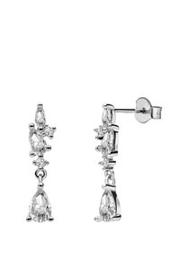 Silberne Tropfohrringe mit birnenförmigen und runden klaren Kristallen, einem polierten Finish und sicherem Steckverschluss.