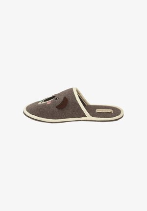 Felt slipper in dark gray with a cartoon bear face design. Features beige trim and brown accents. Open back design for easy wear.