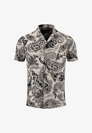 Camicetta a maniche corte con bottoni, caratterizzata da intricate fantasie paisley e floreali a foglie in bianco e nero su uno sfondo chiaro.