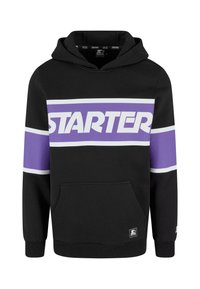 Black sweatshirt with a hood, featuring a prominent purple "STARTER" logo across the chest and white accent stripes on sleeves. Front pouch pocket.