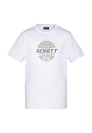 Witte T-shirt met korte mouwen met cirkelvormige beige en grijze grafische tekst met de tekst "Schott Lower East Side US Tour 1913 New York USA."