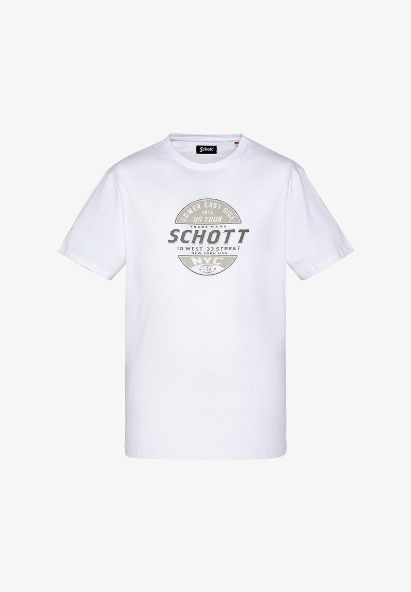 T-shirt blanc à manches courtes avec un texte graphique circulaire beige et gris indiquant « Schott Lower East Side US Tour 1913 New York USA. »