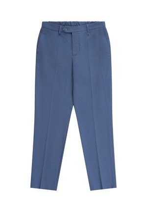 Pantaloni in tessuto blu con bottoni frontali, passanti per cintura, tasche laterali e pieghe sartoriali lungo le gambe.