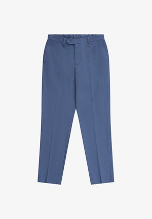 Blauwe textuurbroek van stof met knoop aan de voorkant, riemlussen, steekzakken aan de zijkant en nette plooien langs de pijpen.