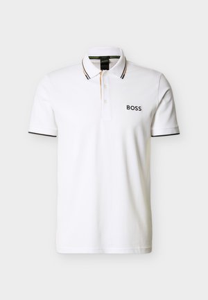 Weißes Poloshirt aus Baumwolle mit klassischem Kragen, zwei Knöpfen und schwarzen sowie beigen Akzenten am Kragen und an den Ärmelabschlüssen. Mit "BOSS"-Logo.
