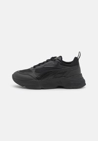 Black athletic sneaker with a textured mesh and leather upper, rounded toe, cushioned sole, and a pull tab on the heel.
