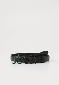 Black leather belt featuring a textured finish and a bold, embossed "JOOP!" buckle. Slim design with adjustable strap.