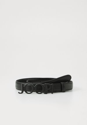 Black leather belt featuring a textured finish and a bold, embossed "JOOP!" buckle. Slim design with adjustable strap.