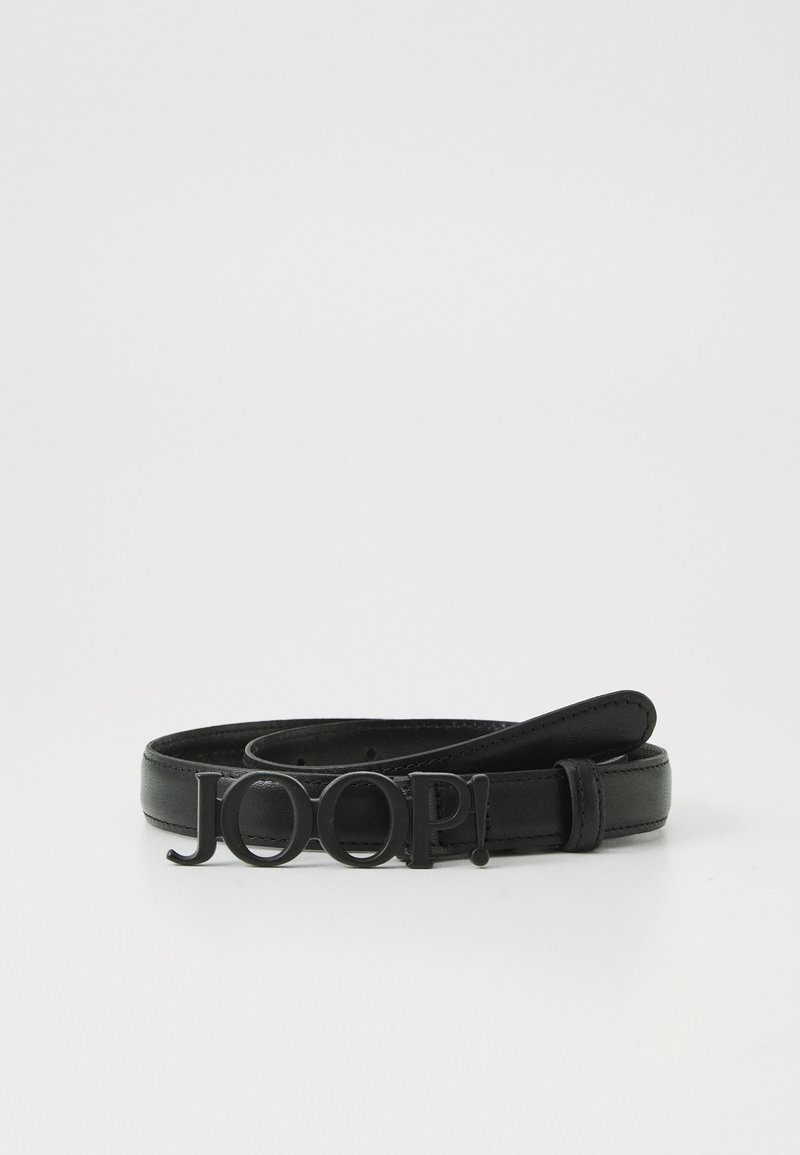 Black leather belt featuring a textured finish and a bold, embossed "JOOP!" buckle. Slim design with adjustable strap.