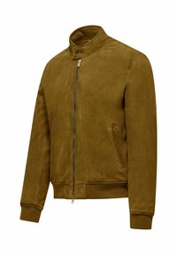 Braune Wildlederjacke mit Stehkragen, Frontreißverschluss, zwei Seitentaschen und gerippten Bündchen und Saum. Glatte Textur und taillierte Passform.