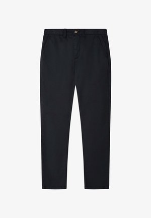Zwarte slim-fit broek met voorzakken, riemlussen en een knoopsluiting in de taille.