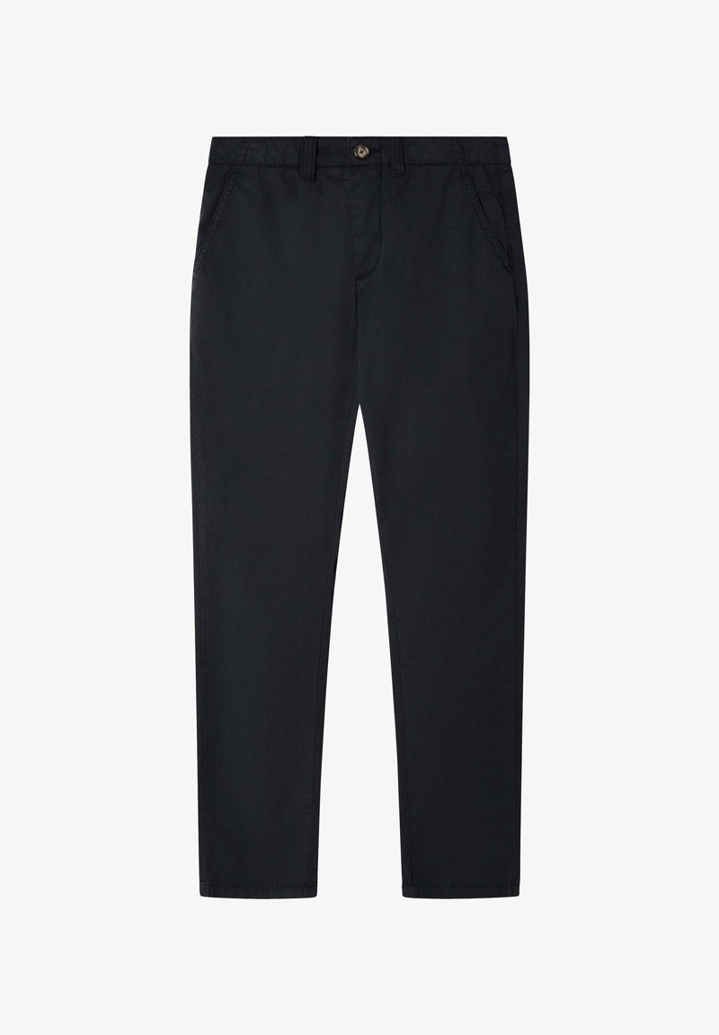 Čierne priliehavé nohavice s prednými vreckami, pútkami na opasok a zapínaním na gombík v páse.