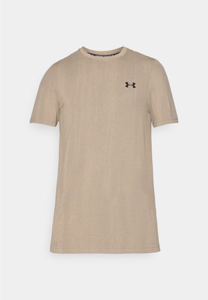 Beige short-sleeve T-shirt made of textured fabric featuring a round neck and a small black logo on the upper left chest.