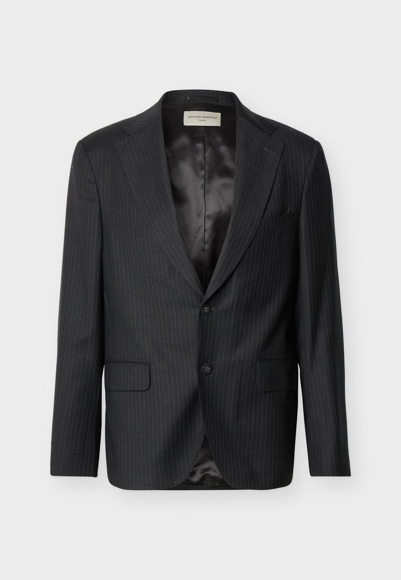 Moški suknjič temno sivega pinstripe vzorca z izreznimi ovratniki, z dvema gumboma, žepi s poklopcem in črto satenasto notranjo podlogo.