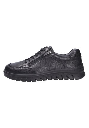 Schwarzer Leder-Casual-Schuh mit seitlichem Reißverschluss, Schnürung vorne und strukturierter Gummisohle für Grip und Komfort.