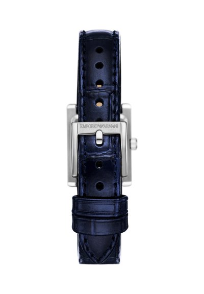 Donkerblauwe leren horlogeband met zilveren gesp gegraveerd met "EMPORIO ARMANI" en meerdere verstelgaatjes.