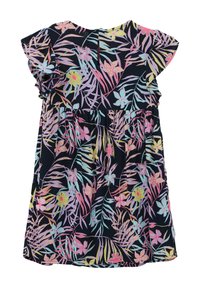 Blumenkleid mit Rüschensäumen, auf navy Hintergrund mit bunten tropischen Pflanzen und Blumen, sowie einer gerafften Taille.