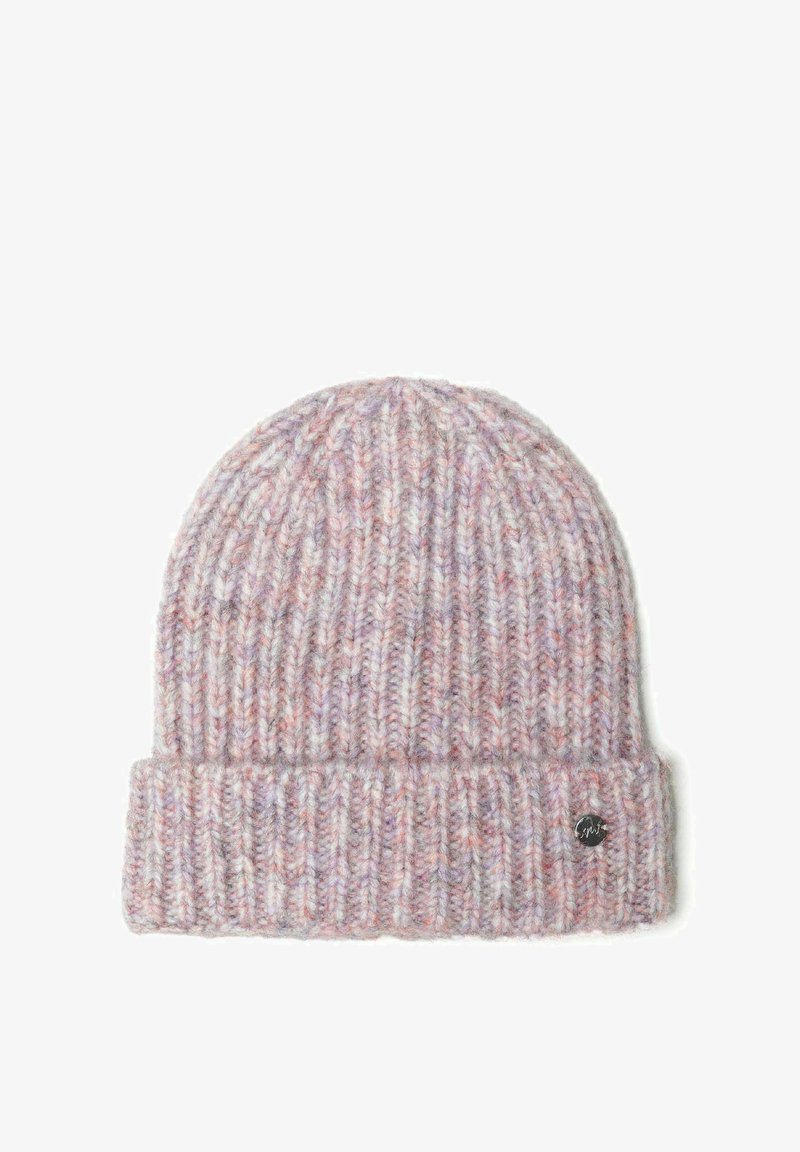 Căciulă tricotată într-un amestec de culori pastelate moi, având un tiv pliat, dungi verticale și un mic logo metalic atașat.