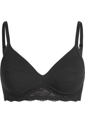 Black bra made of soft fabric, with lace trim along the bottom and adjustable straps. Features a smooth, seamless design.