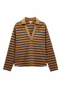 Pruunid pikkade varrukatega särk, millel on tumesinised horisontaalsed triibud, sügav V-kaelus ja krae. Vasakul rinnakul on väike logodetail. Pehme, mugav lõige.